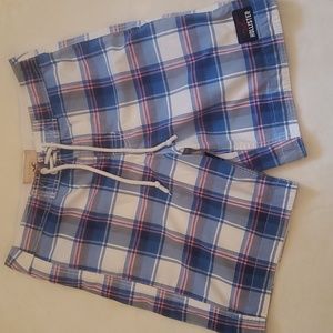 Men's Plaid Hollister Board Shorts. Size: Medium, blue, white, & pink.